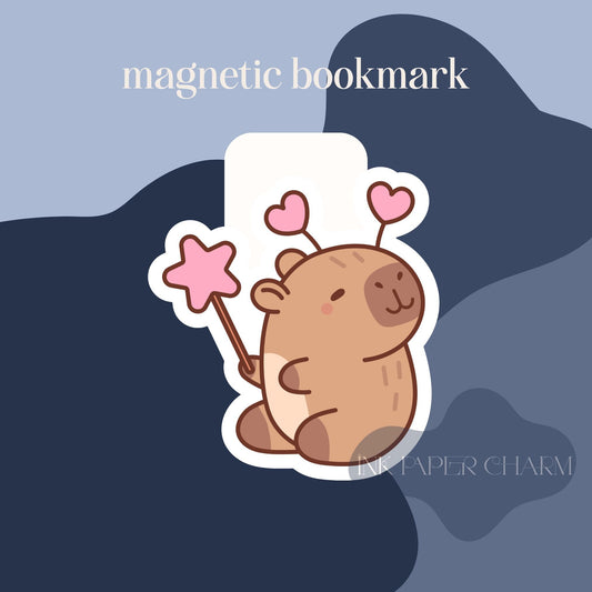Kawaii Capybara Magnetic Bookmark – Pink Star Wand, Book Lover Gift